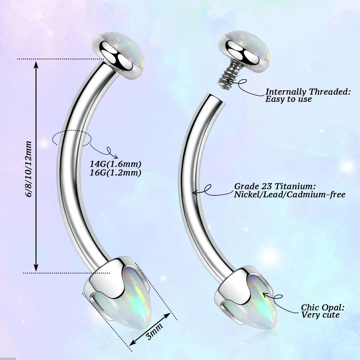 PEAKLINK G23 Titanium Eyebrow Piercing Jewelry - Curved Barbell 16G Eyebrow & Belly Button Rings - 6mm-12mm