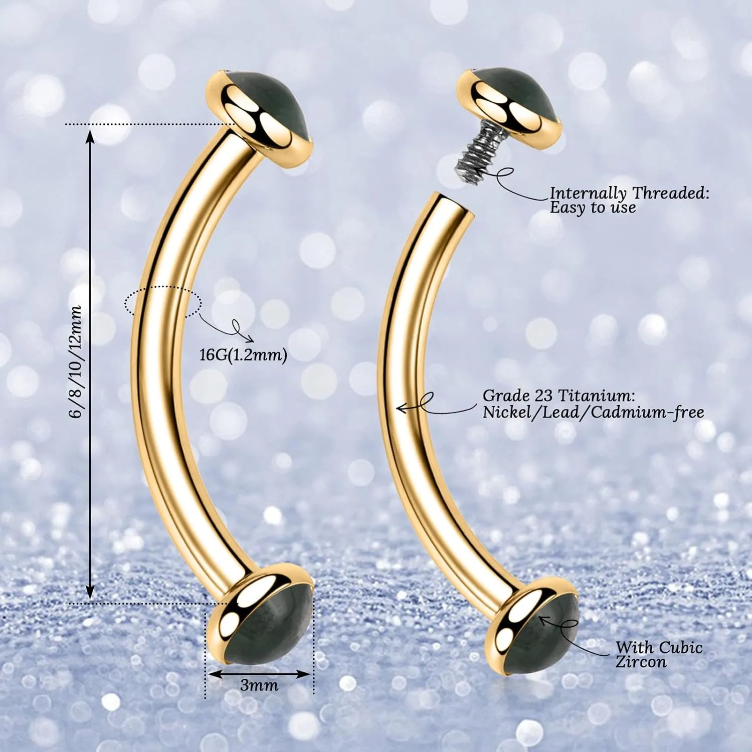 PEAKLINK G23 Titanium Eyebrow Piercing Jewelry - Curved Barbell 16G Eyebrow & Belly Button Rings - 6mm-12mm