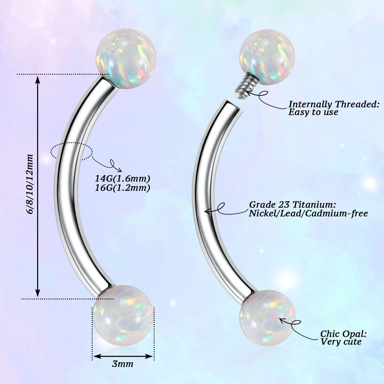 PEAKLINK G23 Titanium Eyebrow Piercing Jewelry - Curved Barbell 16G Eyebrow & Belly Button Rings - 6mm-12mm