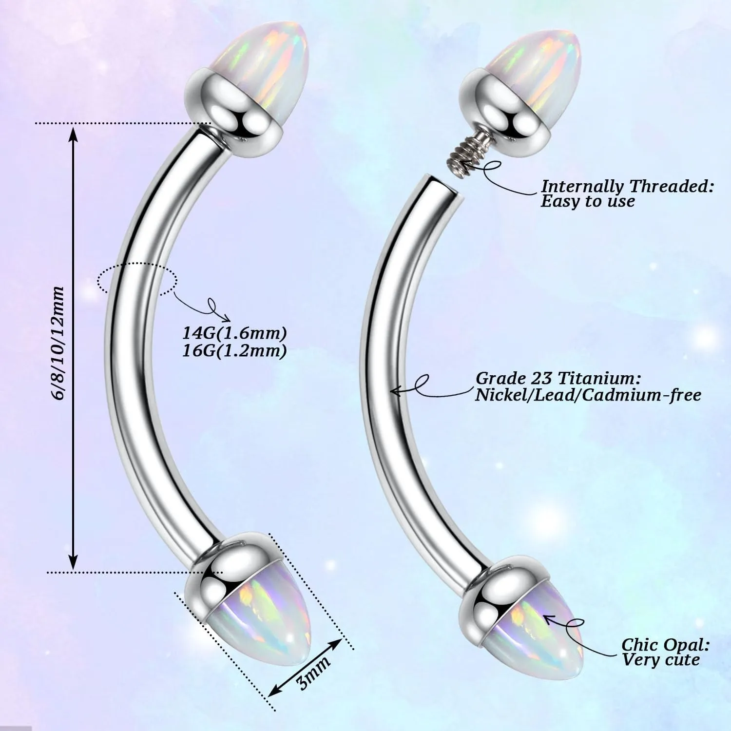 PEAKLINK G23 Titanium Eyebrow Piercing Jewelry - Curved Barbell 16G Eyebrow & Belly Button Rings - 6mm-12mm