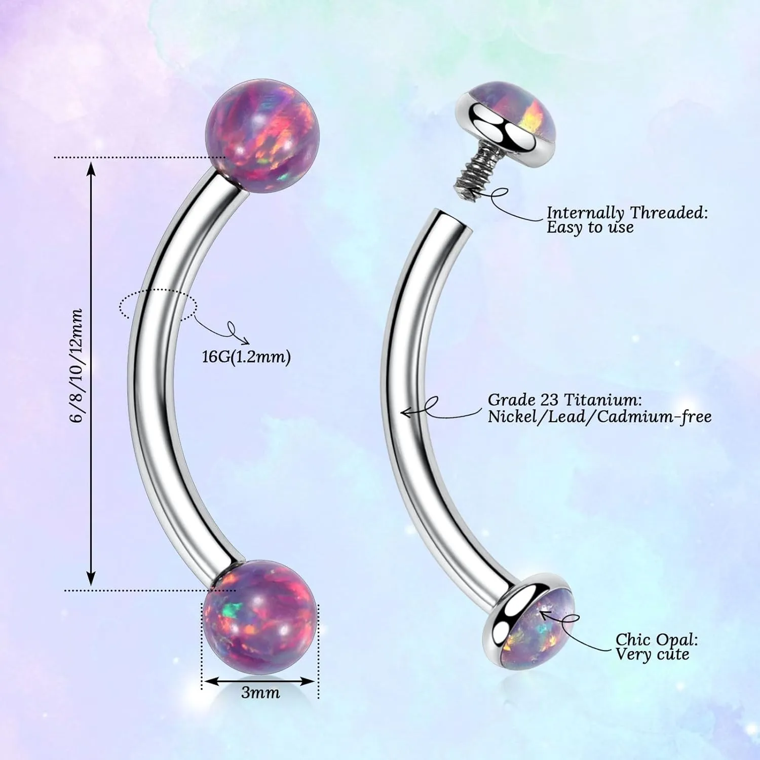 PEAKLINK G23 Titanium Eyebrow Piercing Jewelry - Curved Barbell 16G Eyebrow & Belly Button Rings - 6mm-12mm