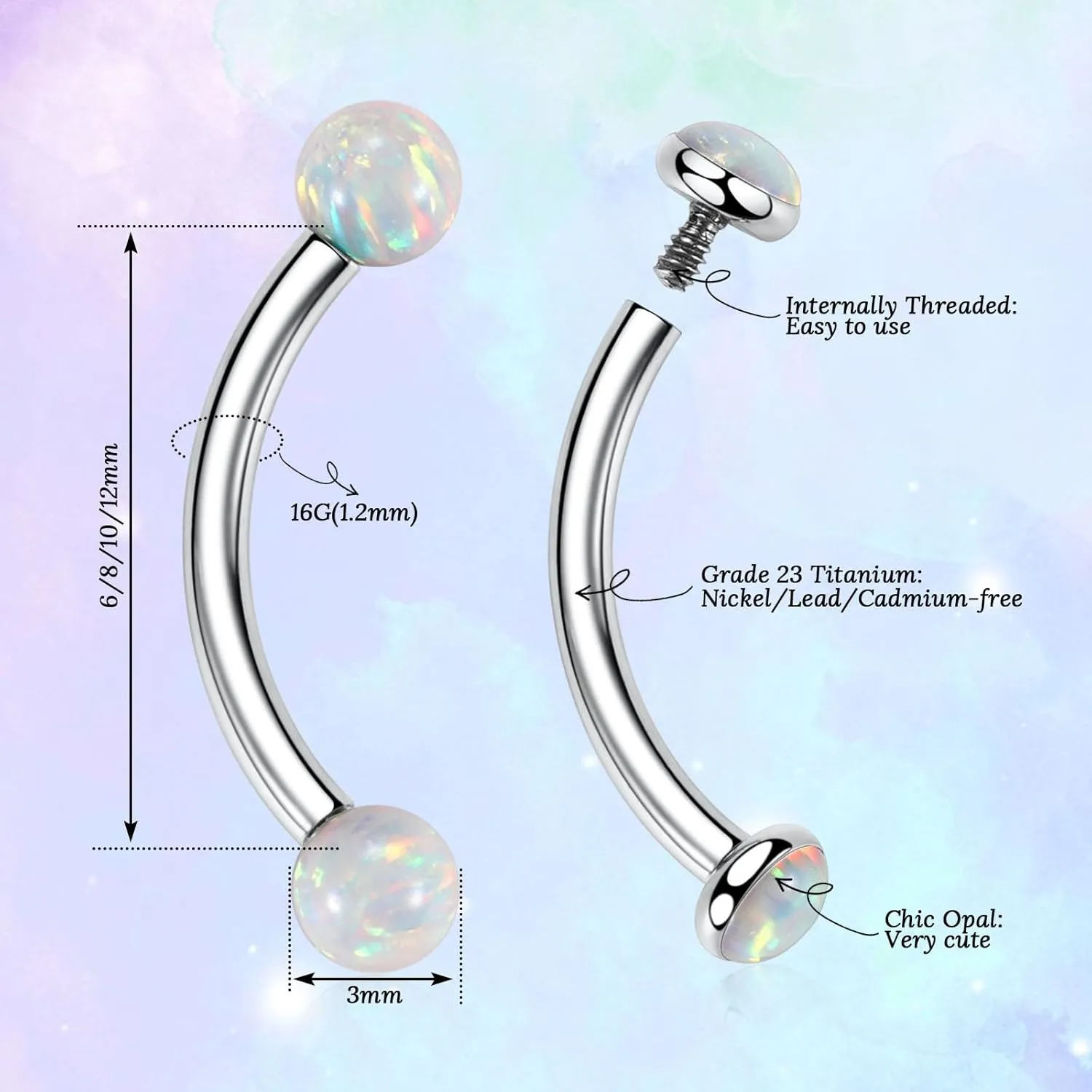 PEAKLINK G23 Titanium Eyebrow Piercing Jewelry - Curved Barbell 16G Eyebrow & Belly Button Rings - 6mm-12mm