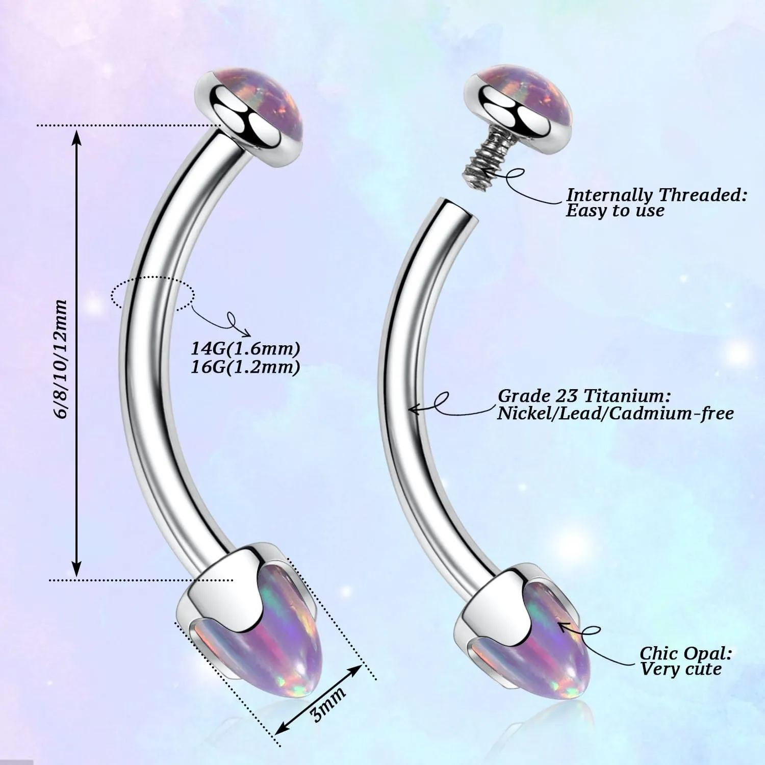 PEAKLINK G23 Titanium Eyebrow Piercing Jewelry - Curved Barbell 16G Eyebrow & Belly Button Rings - 6mm-12mm