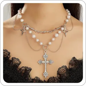Pearl Cross Necklace for Women Y2K Layered Cross Necklace Gothic Pearl Cross Choker Necklace Cross Vintage Pearl Necklace Bride Wedding Prom Accessories Jewelry