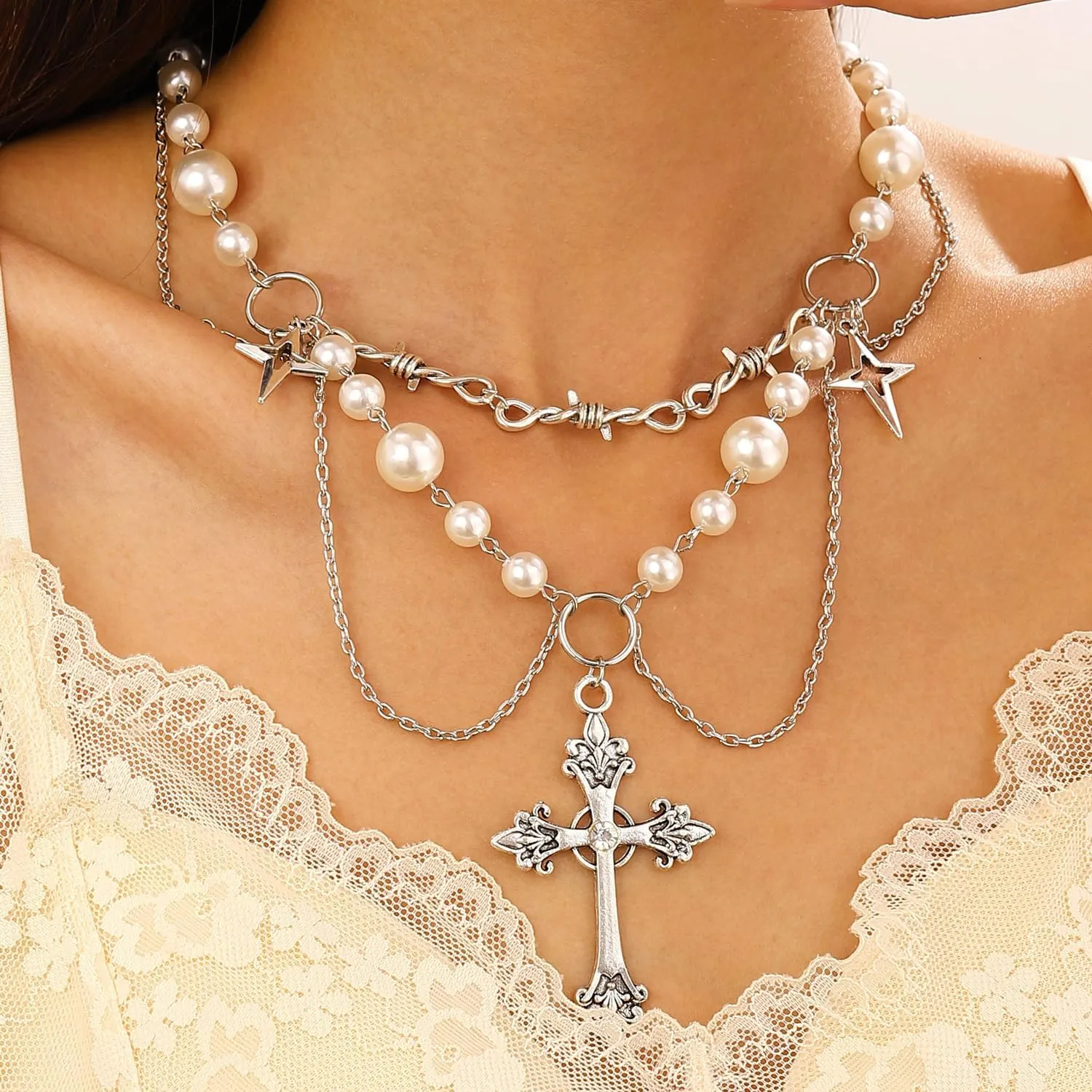Pearl Cross Necklace for Women Y2K Layered Cross Necklace Gothic Pearl Cross Choker Necklace Cross Vintage Pearl Necklace Bride Wedding Prom Accessories Jewelry
