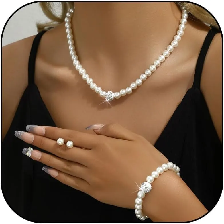 Pearl Necklace and Earring Set Pearl Wedding Jewelry Set for Women Chunky Pearls Choker Necklaces Stud Earrings Bride Bridesmaid Wedding Jewelry Gifts