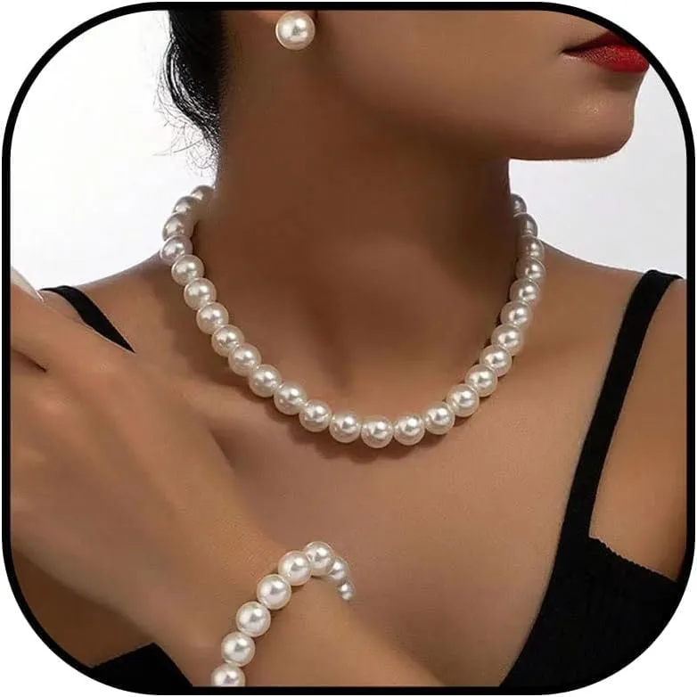 Pearl Necklace and Earring Set Pearl Wedding Jewelry Set for Women Chunky Pearls Choker Necklaces Stud Earrings Bride Bridesmaid Wedding Jewelry Gifts