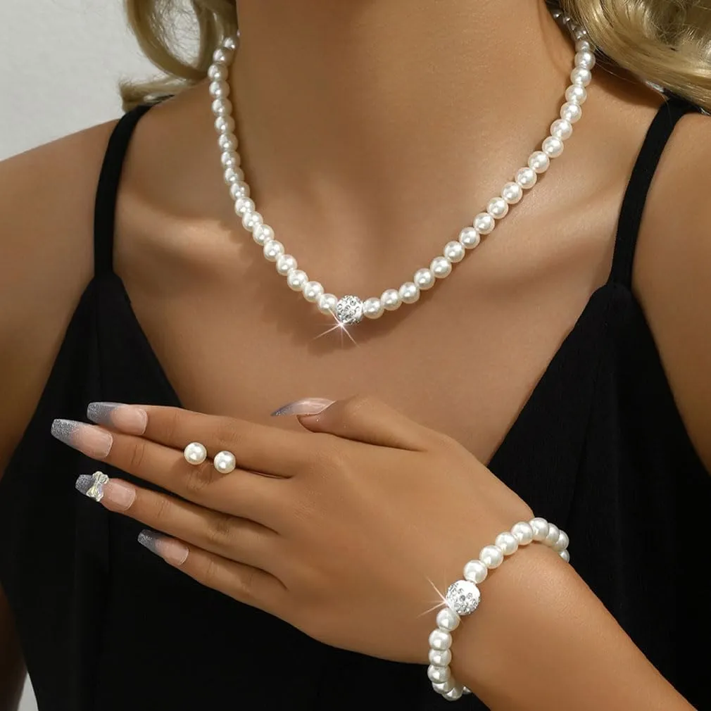 Pearl Necklace and Earring Set Pearl Wedding Jewelry Set for Women Chunky Pearls Choker Necklaces Stud Earrings Bride Bridesmaid Wedding Jewelry Gifts