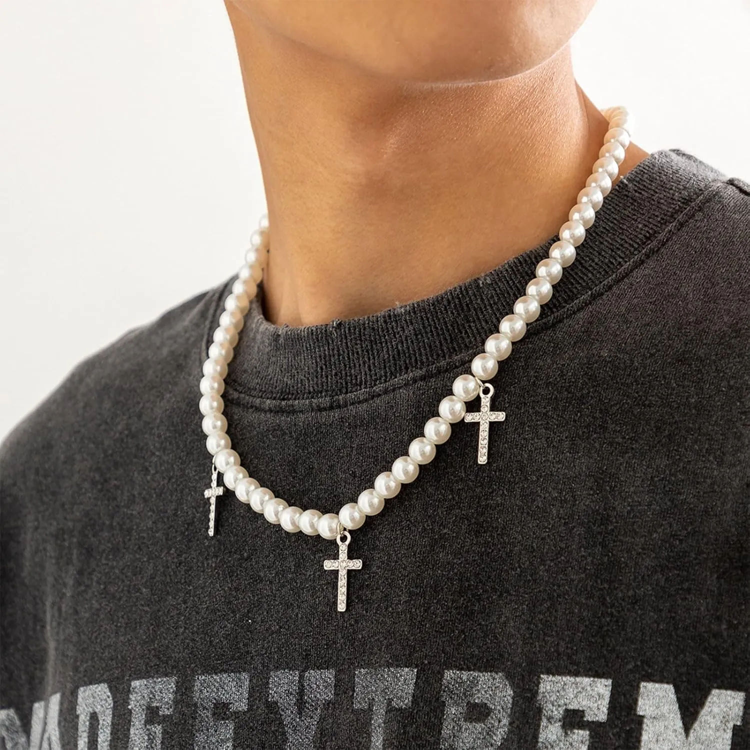 Pearl Necklace Men Layered Pearl Choker Necklaces Faux Pearl Chain Necklace for Men Boys