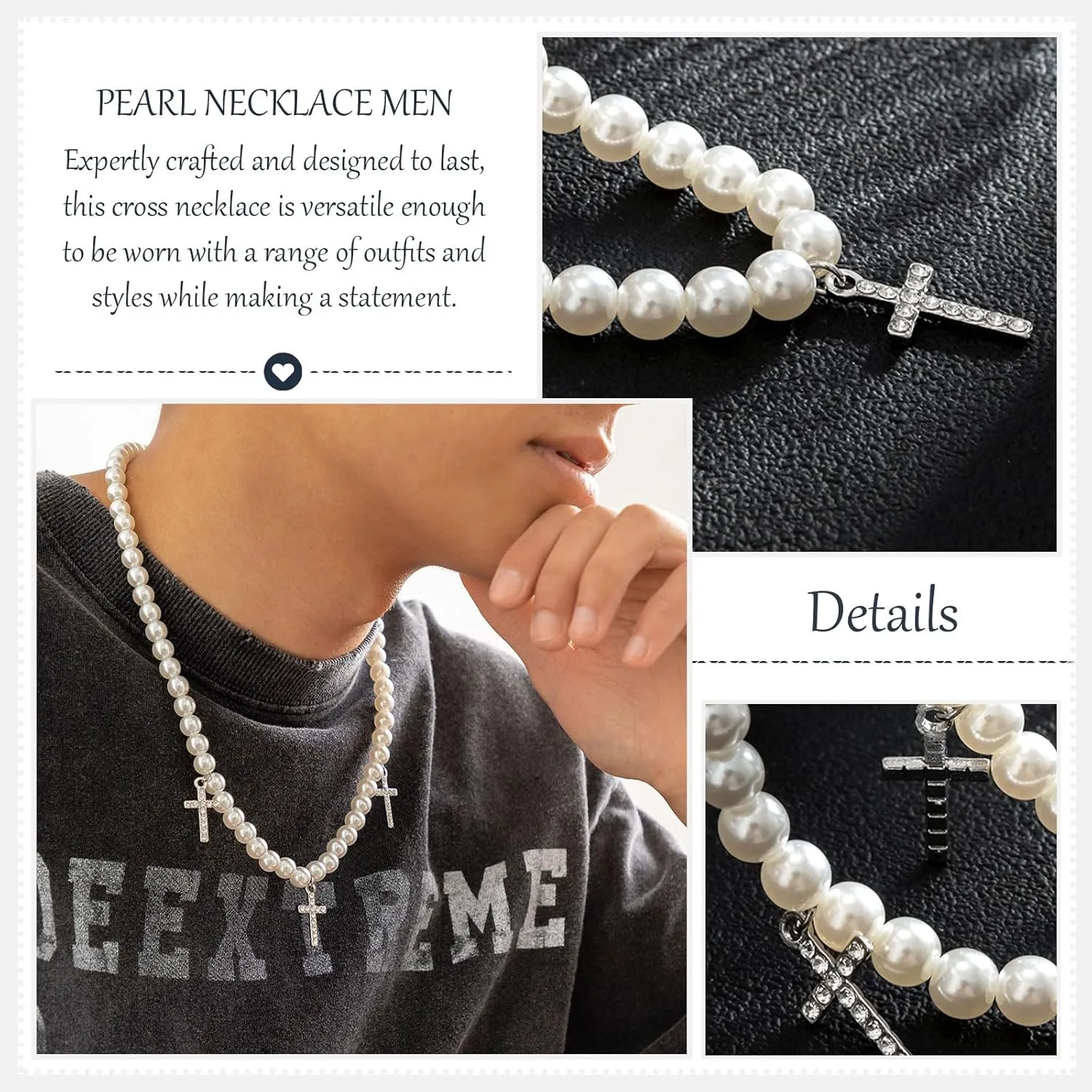Pearl Necklace Men Layered Pearl Choker Necklaces Faux Pearl Chain Necklace for Men Boys