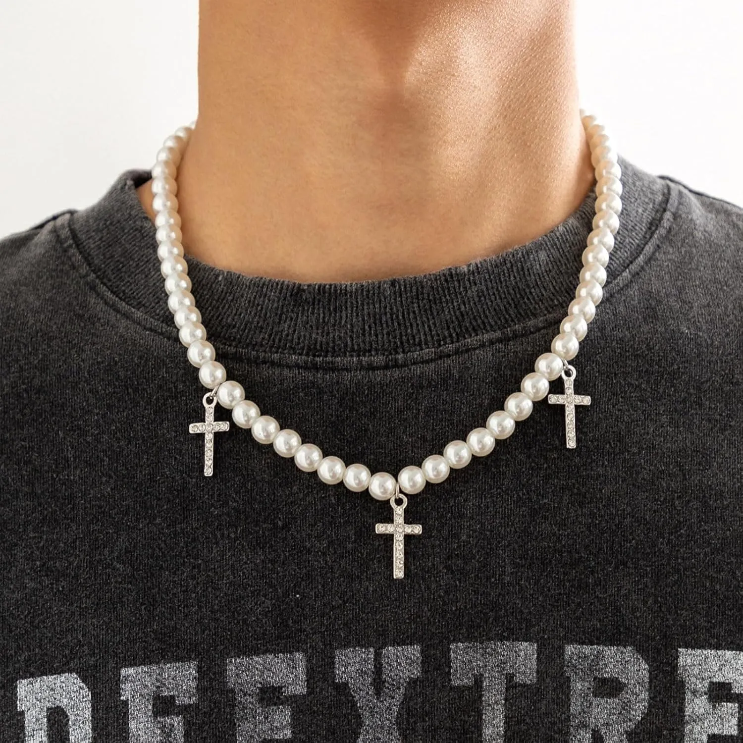 Pearl Necklace Men Layered Pearl Choker Necklaces Faux Pearl Chain Necklace for Men Boys
