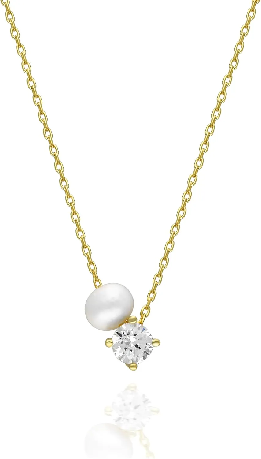 Pearl Necklaces for Women, 925 Sterling Silver 14K Gold Plated Dainty Single Pearl Dainty CZ Stone Solitaire Diamond Pendant Charm, Simple Pearl Choker Necklaces, Trendy Pearl Wedding jewelry Bridesmaid Gifts