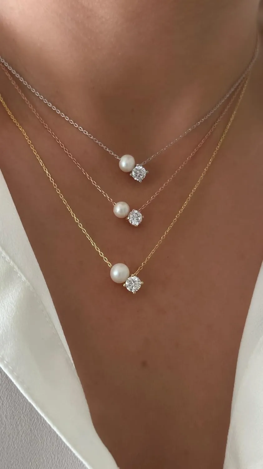 Pearl Necklaces for Women, 925 Sterling Silver 14K Gold Plated Dainty Single Pearl Dainty CZ Stone Solitaire Diamond Pendant Charm, Simple Pearl Choker Necklaces, Trendy Pearl Wedding jewelry Bridesmaid Gifts