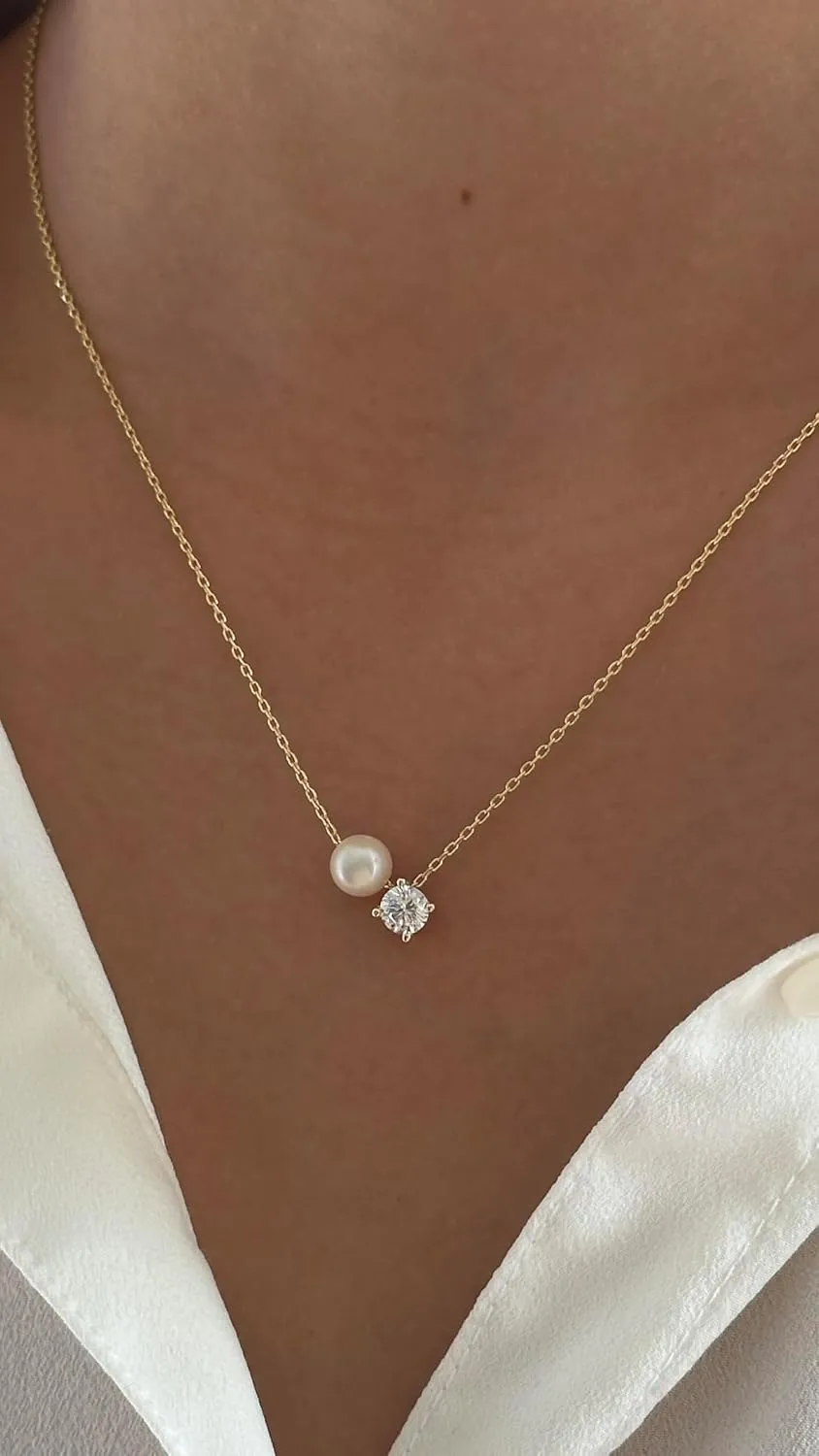 Pearl Necklaces for Women, 925 Sterling Silver 14K Gold Plated Dainty Single Pearl Dainty CZ Stone Solitaire Diamond Pendant Charm, Simple Pearl Choker Necklaces, Trendy Pearl Wedding jewelry Bridesmaid Gifts
