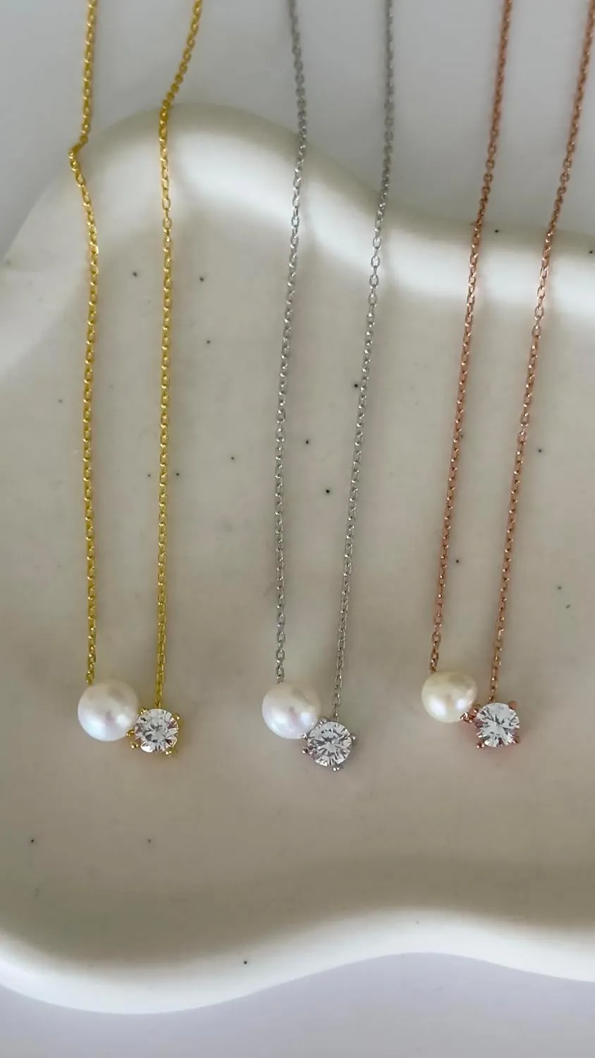 Pearl Necklaces for Women, 925 Sterling Silver 14K Gold Plated Dainty Single Pearl Dainty CZ Stone Solitaire Diamond Pendant Charm, Simple Pearl Choker Necklaces, Trendy Pearl Wedding jewelry Bridesmaid Gifts