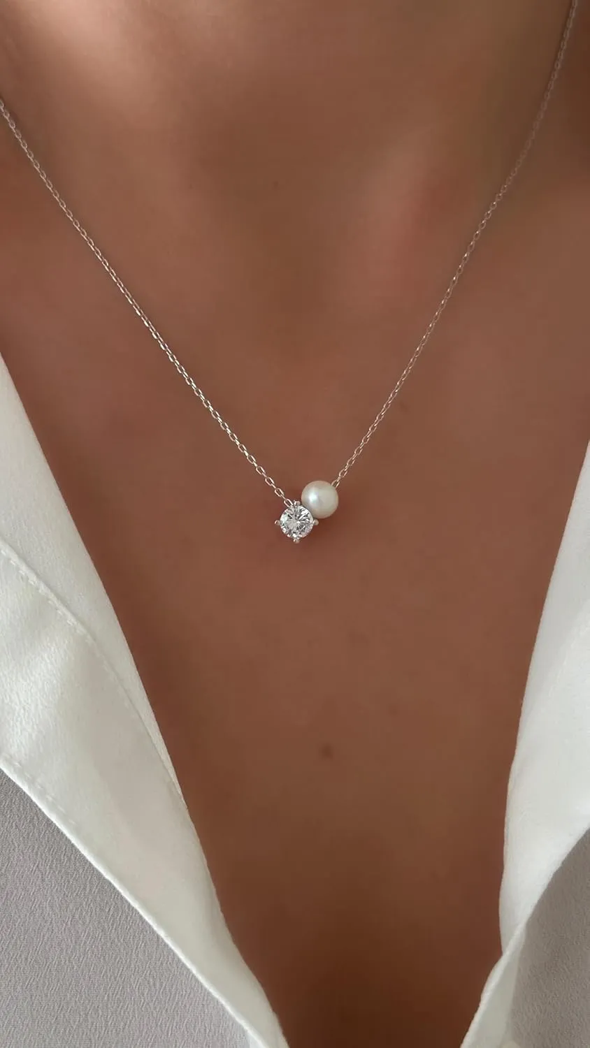 Pearl Necklaces for Women, 925 Sterling Silver 14K Gold Plated Dainty Single Pearl Dainty CZ Stone Solitaire Diamond Pendant Charm, Simple Pearl Choker Necklaces, Trendy Pearl Wedding jewelry Bridesmaid Gifts