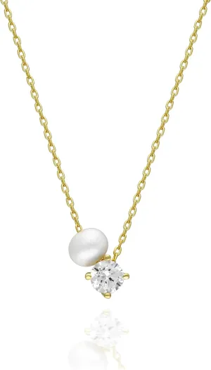 Pearl Necklaces for Women, 925 Sterling Silver 14K Gold Plated Dainty Single Pearl Dainty CZ Stone Solitaire Diamond Pendant Charm, Simple Pearl Choker Necklaces, Trendy Pearl Wedding jewelry Bridesmaid Gifts