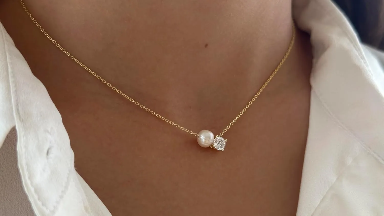 Pearl Necklaces for Women, 925 Sterling Silver 14K Gold Plated Dainty Single Pearl Dainty CZ Stone Solitaire Diamond Pendant Charm, Simple Pearl Choker Necklaces, Trendy Pearl Wedding jewelry Bridesmaid Gifts