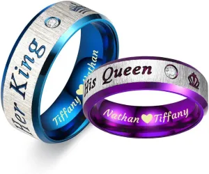 Personalized Engraved Couple Rings Set Promise Rings for Him and Her Purple Custom Heart Engagement Rings Matching Wedding Rings for Men and Women Set, Size 5-13,with Jewelry Gift Box