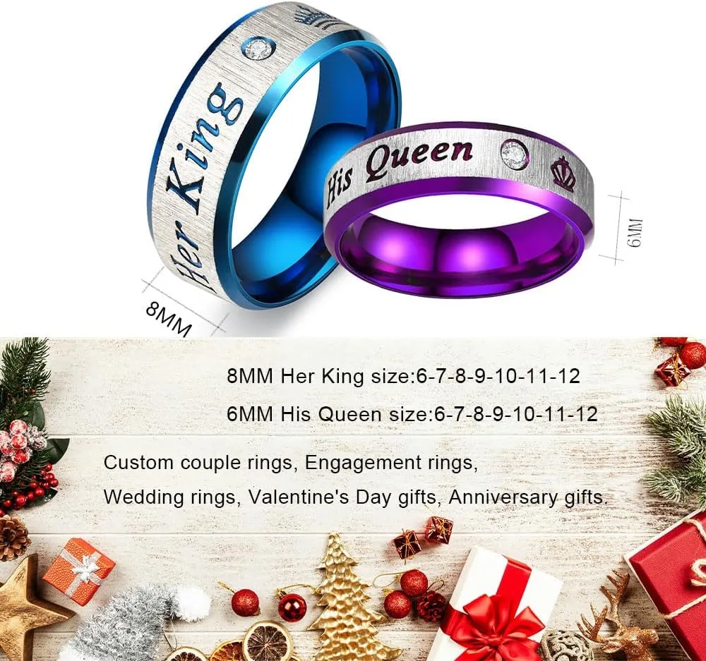 Personalized Engraved Couple Rings Set Promise Rings for Him and Her Purple Custom Heart Engagement Rings Matching Wedding Rings for Men and Women Set, Size 5-13,with Jewelry Gift Box