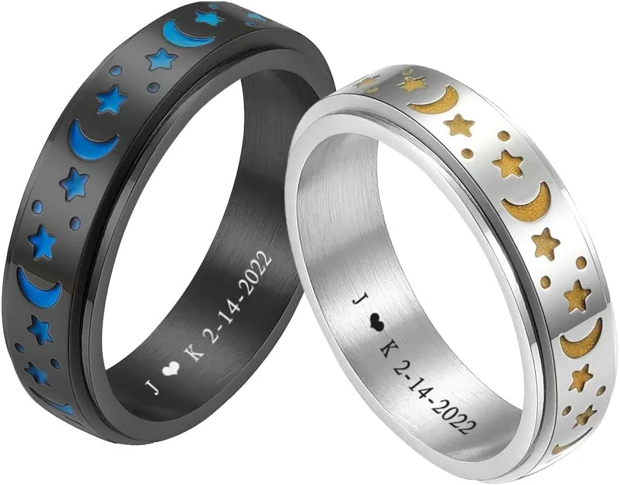 Personalized Luminous Sun Moon Couple Rings for Him Her,2Pcs Custom Name Wedding Band Stainless Steel Glow in The Dark Spinner Ring Stress Relieving Promise Ring Set for Valentines Day