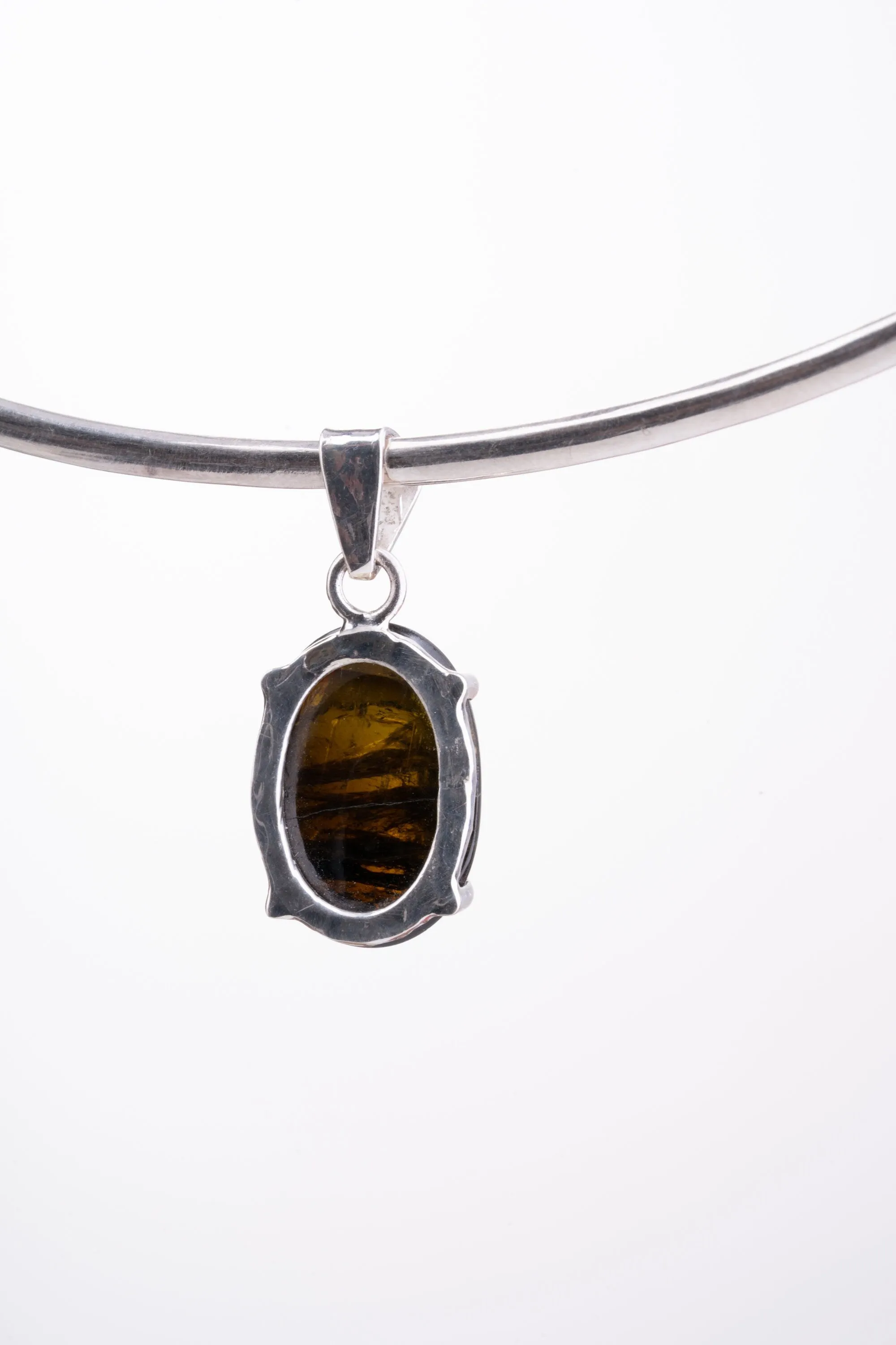 Petite Crystal Jewel with Oval Shaped Green Gem Tourmaline, Sterling Silver Pendant, Wire Frame Claw Set, Elegant Shiny Finish Design