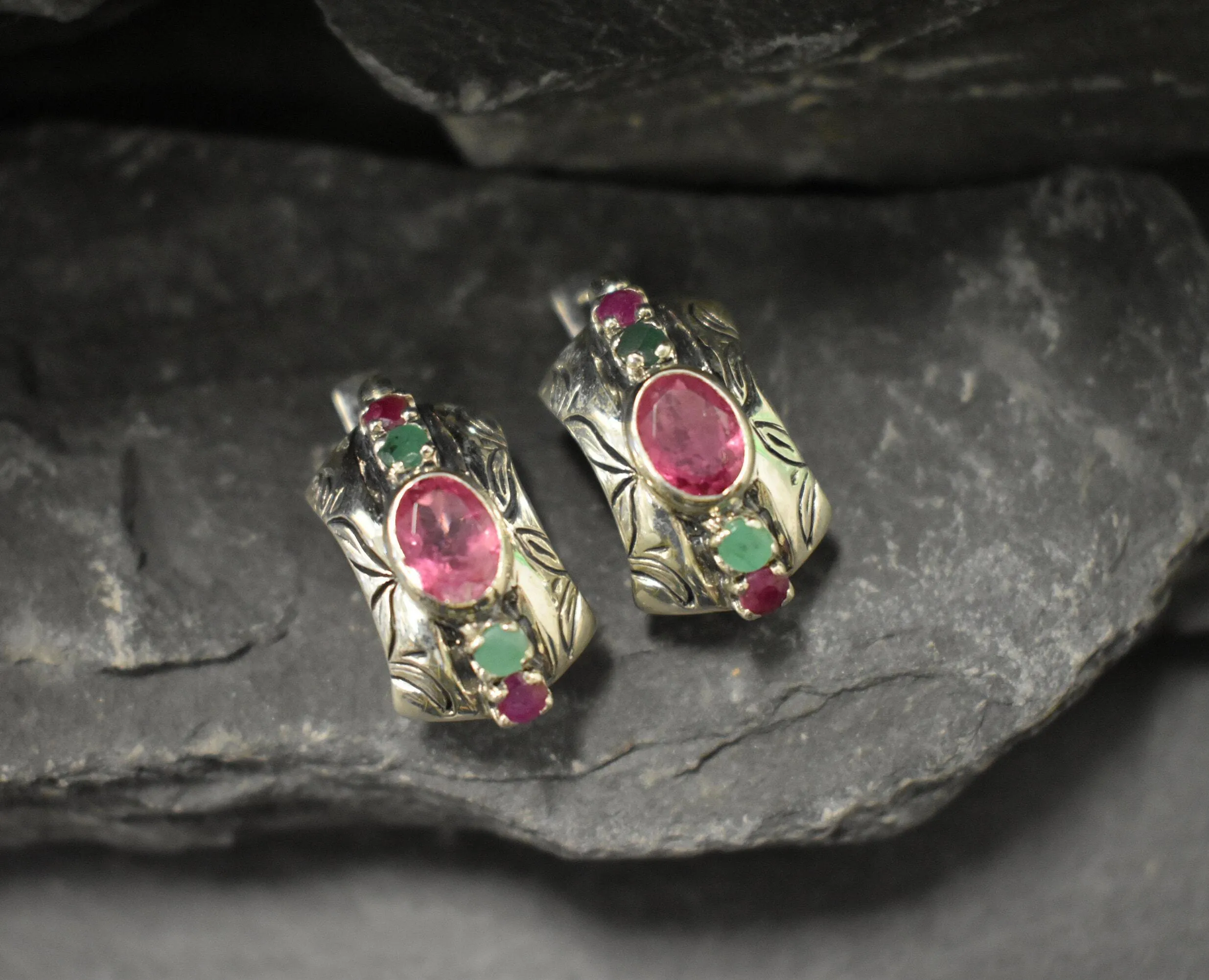 Pink Tourmaline Earrings - Tribal Bezel Earrings - Chunky Boho Earrings