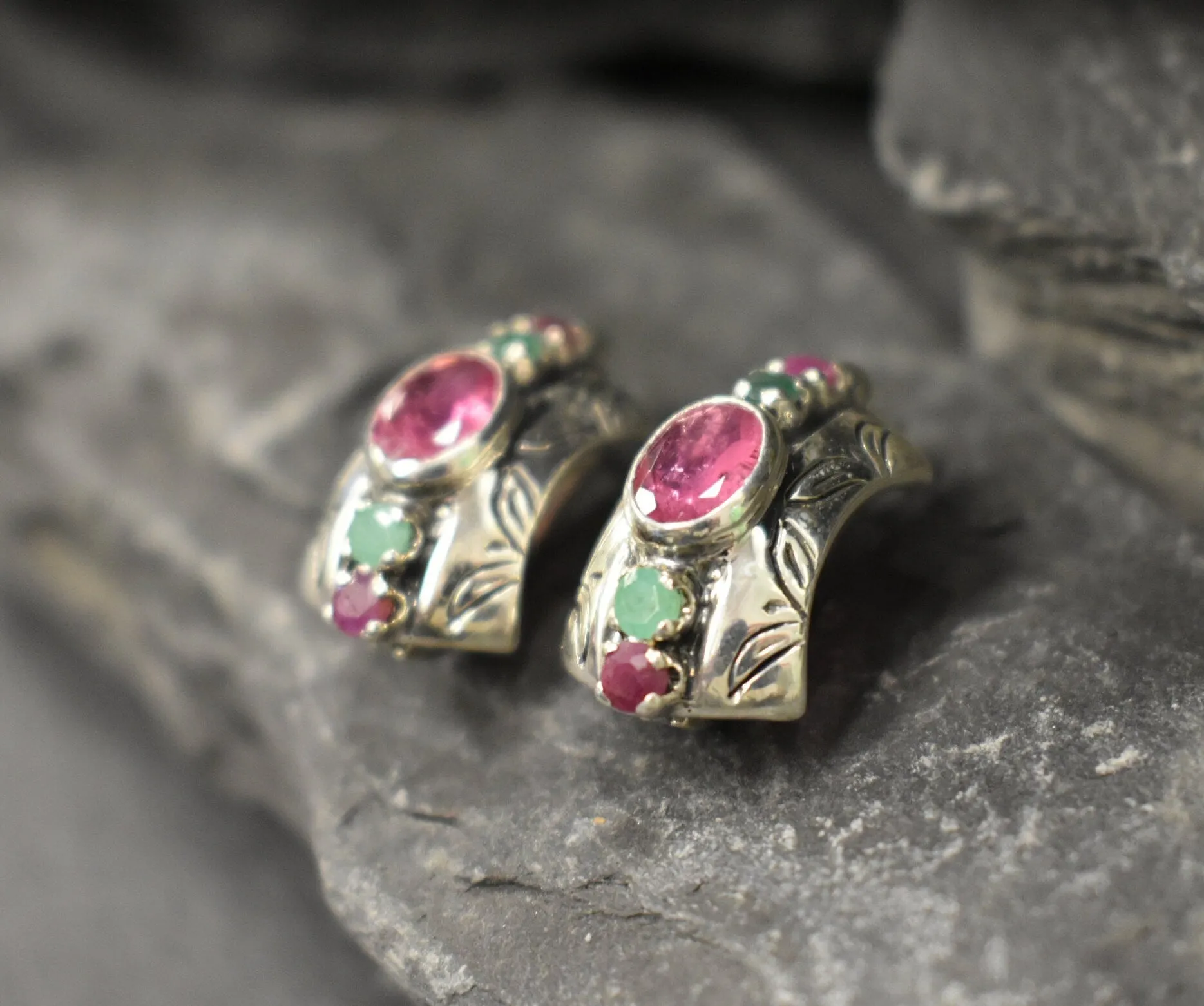 Pink Tourmaline Earrings - Tribal Bezel Earrings - Chunky Boho Earrings