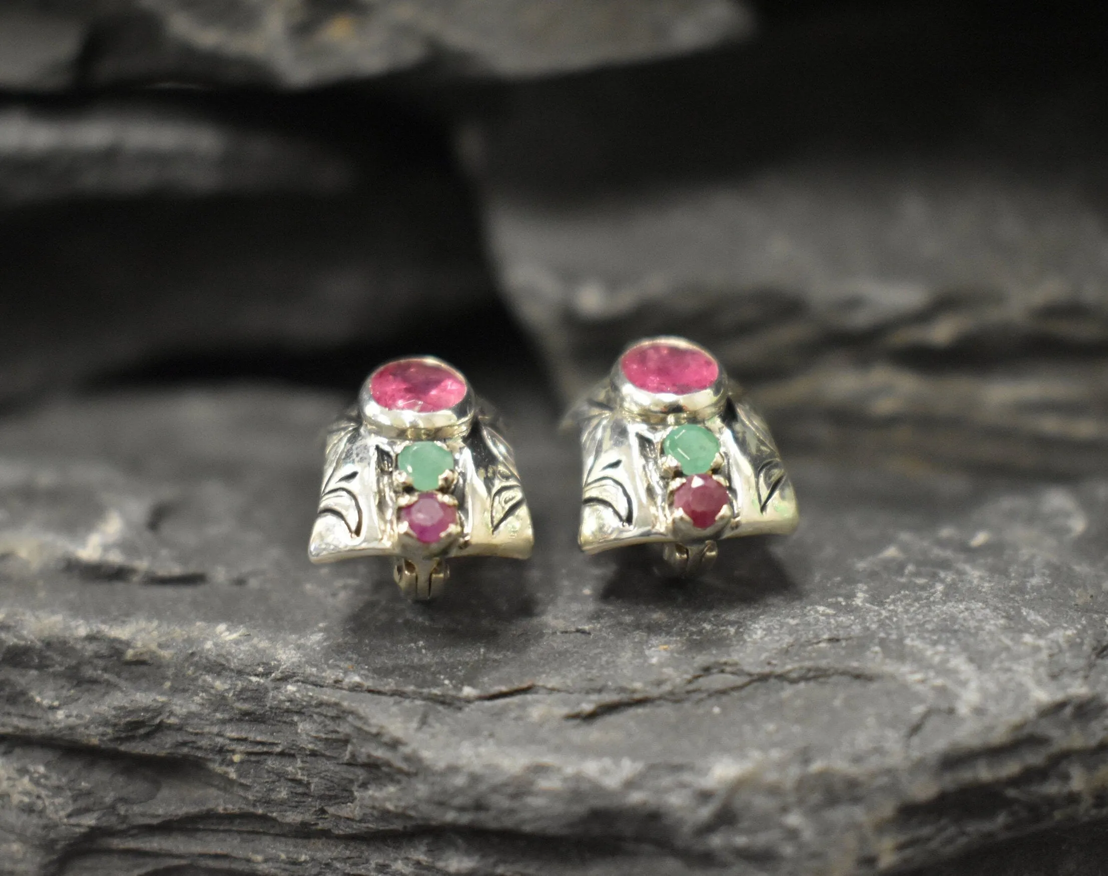 Pink Tourmaline Earrings - Tribal Bezel Earrings - Chunky Boho Earrings