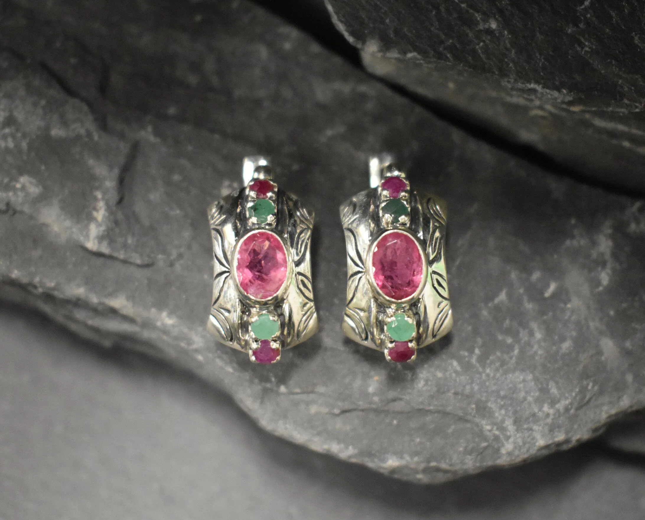 Pink Tourmaline Earrings - Tribal Bezel Earrings - Chunky Boho Earrings