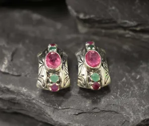 Pink Tourmaline Earrings - Tribal Bezel Earrings - Chunky Boho Earrings