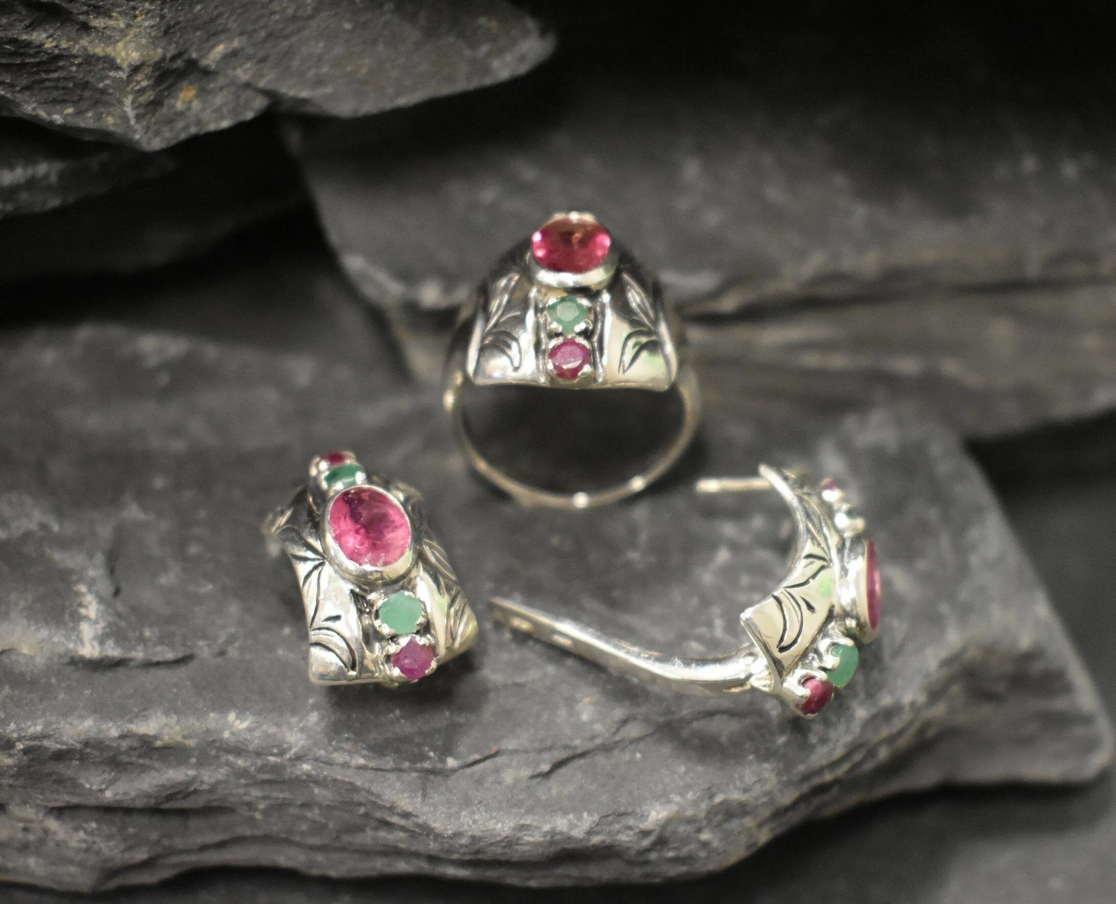 Pink Tourmaline Earrings - Tribal Bezel Earrings - Chunky Boho Earrings