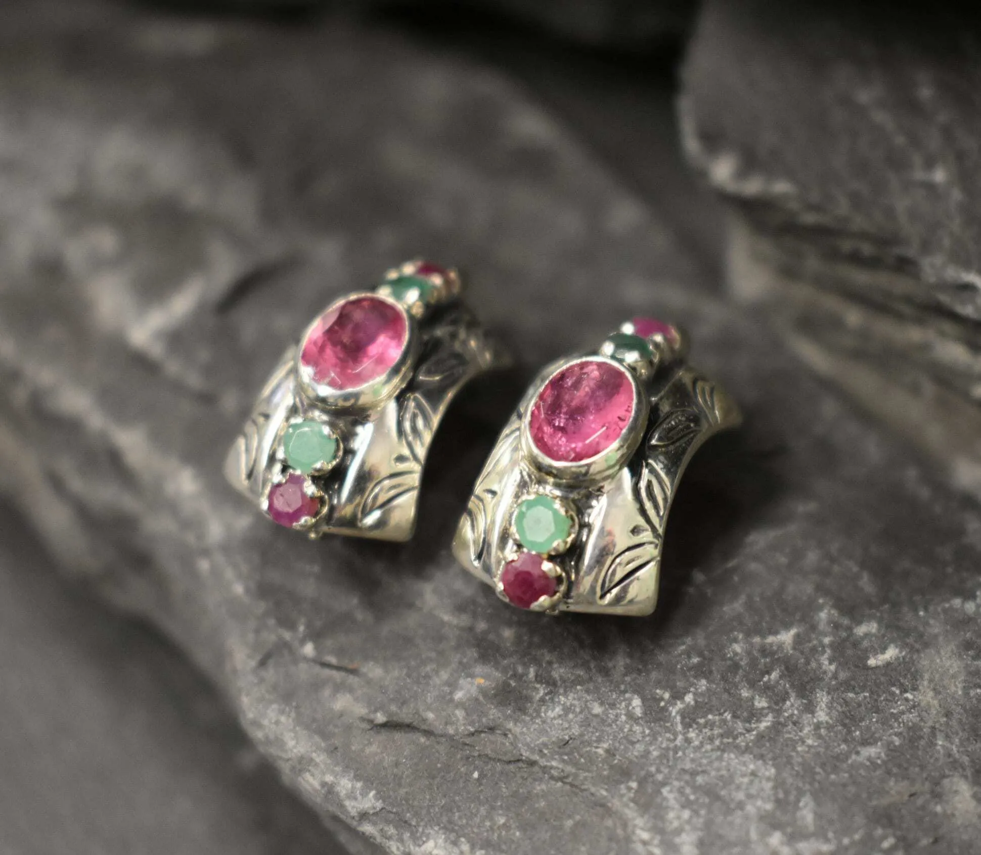 Pink Tourmaline Earrings - Tribal Bezel Earrings - Chunky Boho Earrings
