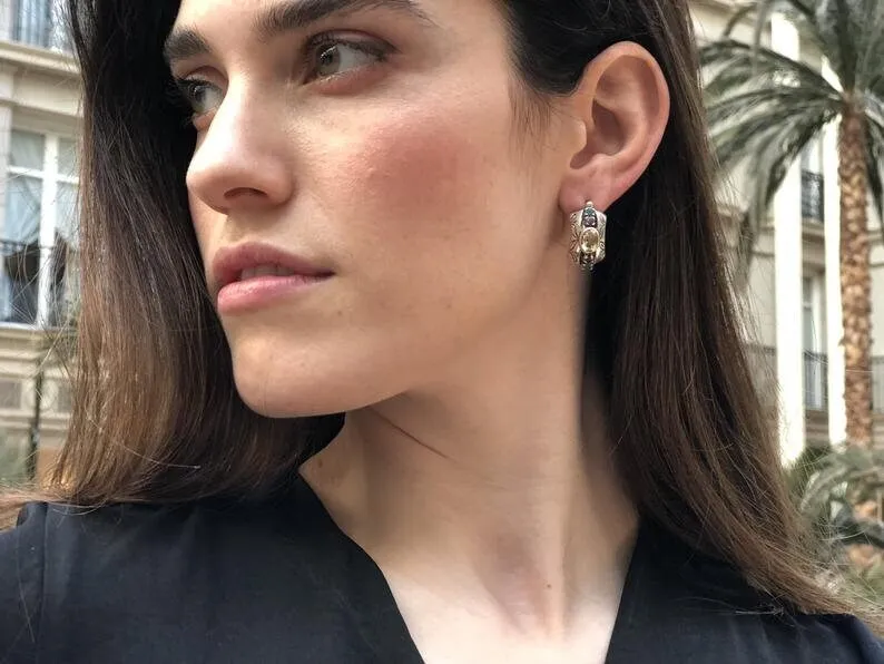 Pink Tourmaline Earrings - Tribal Bezel Earrings - Chunky Boho Earrings