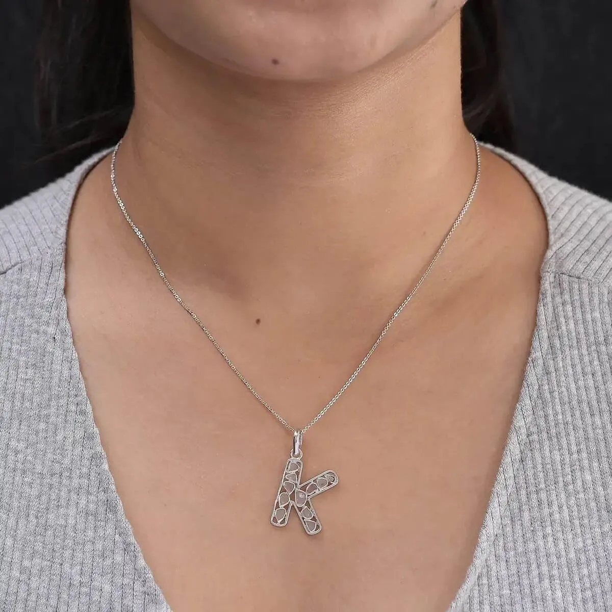Polki Diamond Initial Necklaces for Women in 925 Sterling Silver Platinum Plated - Size 20" A-Z Letter Necklace I4 Clarity Jewelry - Anniversary Wedding Engagement Trendy Birthday Gifts for Women