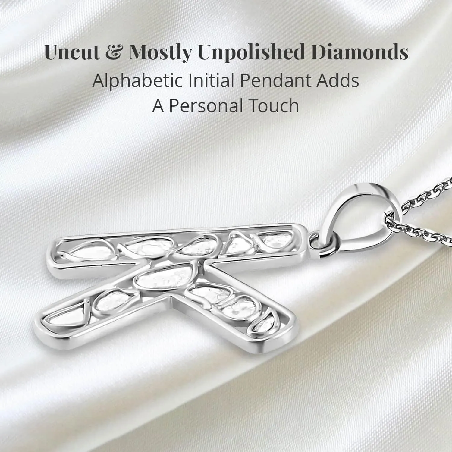 Polki Diamond Initial Necklaces for Women in 925 Sterling Silver Platinum Plated - Size 20" A-Z Letter Necklace I4 Clarity Jewelry - Anniversary Wedding Engagement Trendy Birthday Gifts for Women