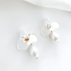 Pretty porcelain 3 petal flower and teardrop pearl earrings