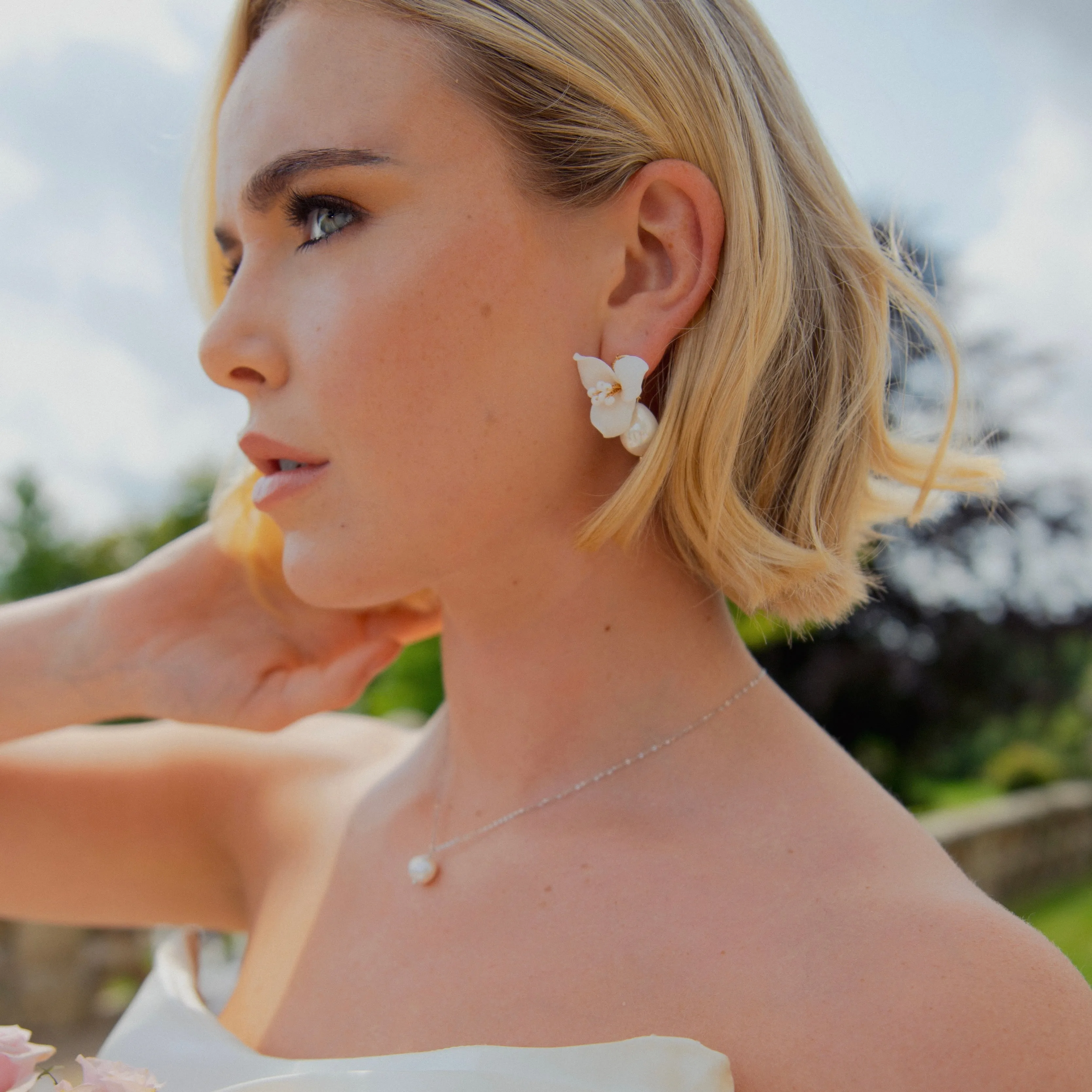 Pretty porcelain 3 petal flower and teardrop pearl earrings