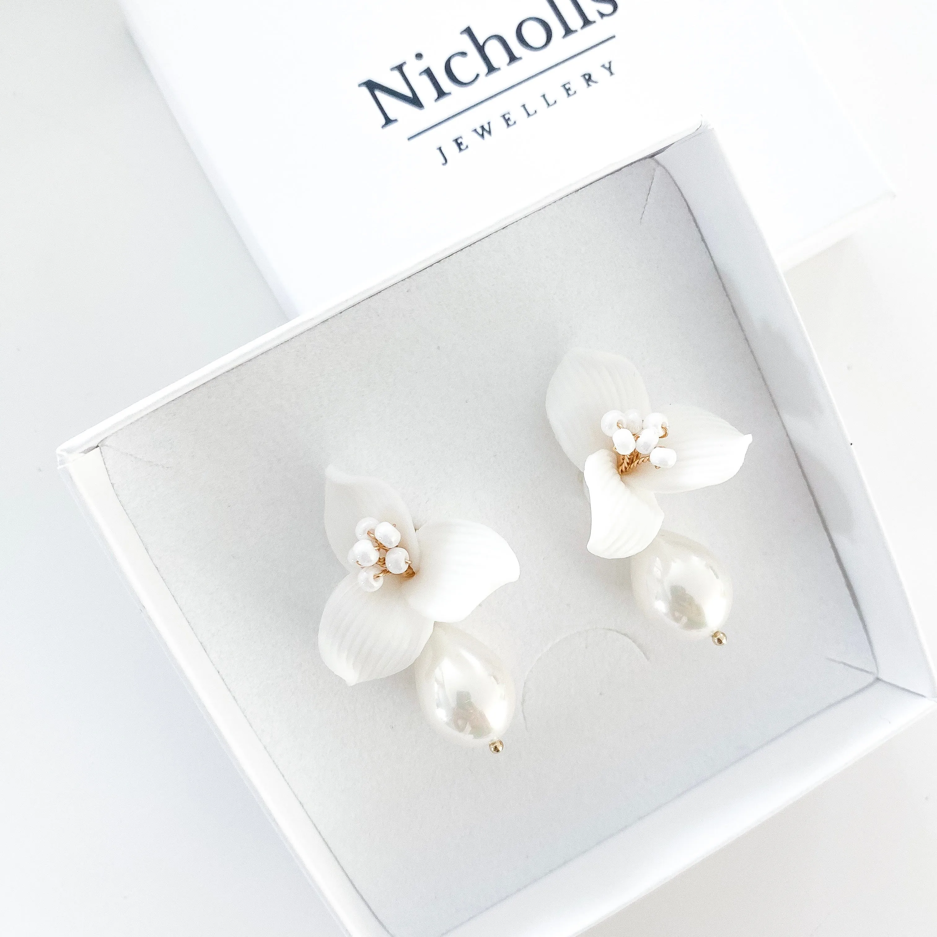 Pretty porcelain 3 petal flower and teardrop pearl earrings