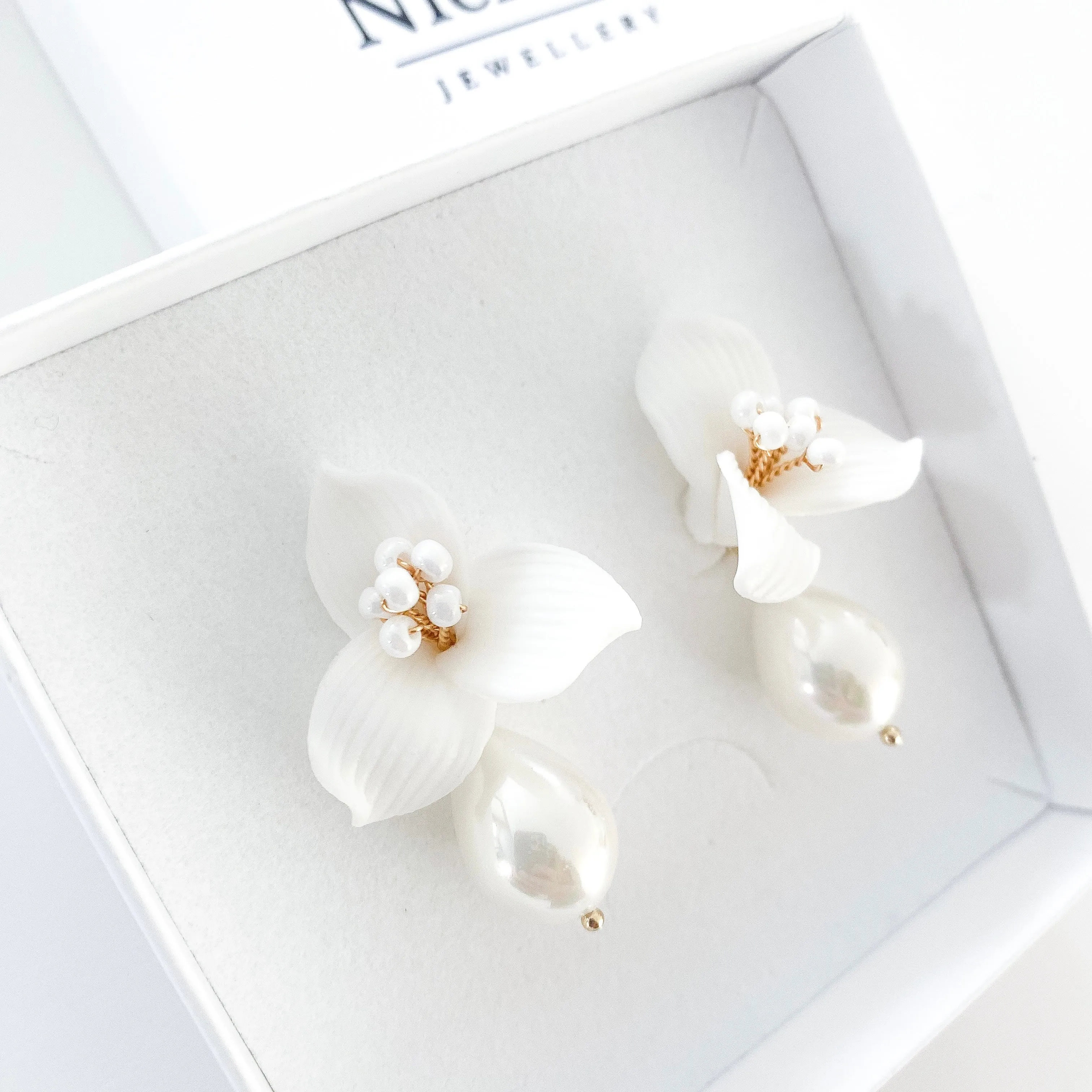 Pretty porcelain 3 petal flower and teardrop pearl earrings