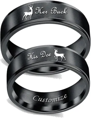 Promise Couple Rings Her Buck His Doe Engraved Inside Custom Matching for Wedding Engagement Valentine's Day Titanium Stainless Steel Black A Pair