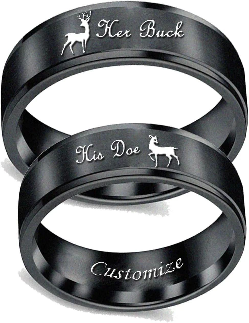 Promise Couple Rings Her Buck His Doe Engraved Inside Custom Matching for Wedding Engagement Valentine's Day Titanium Stainless Steel Black A Pair