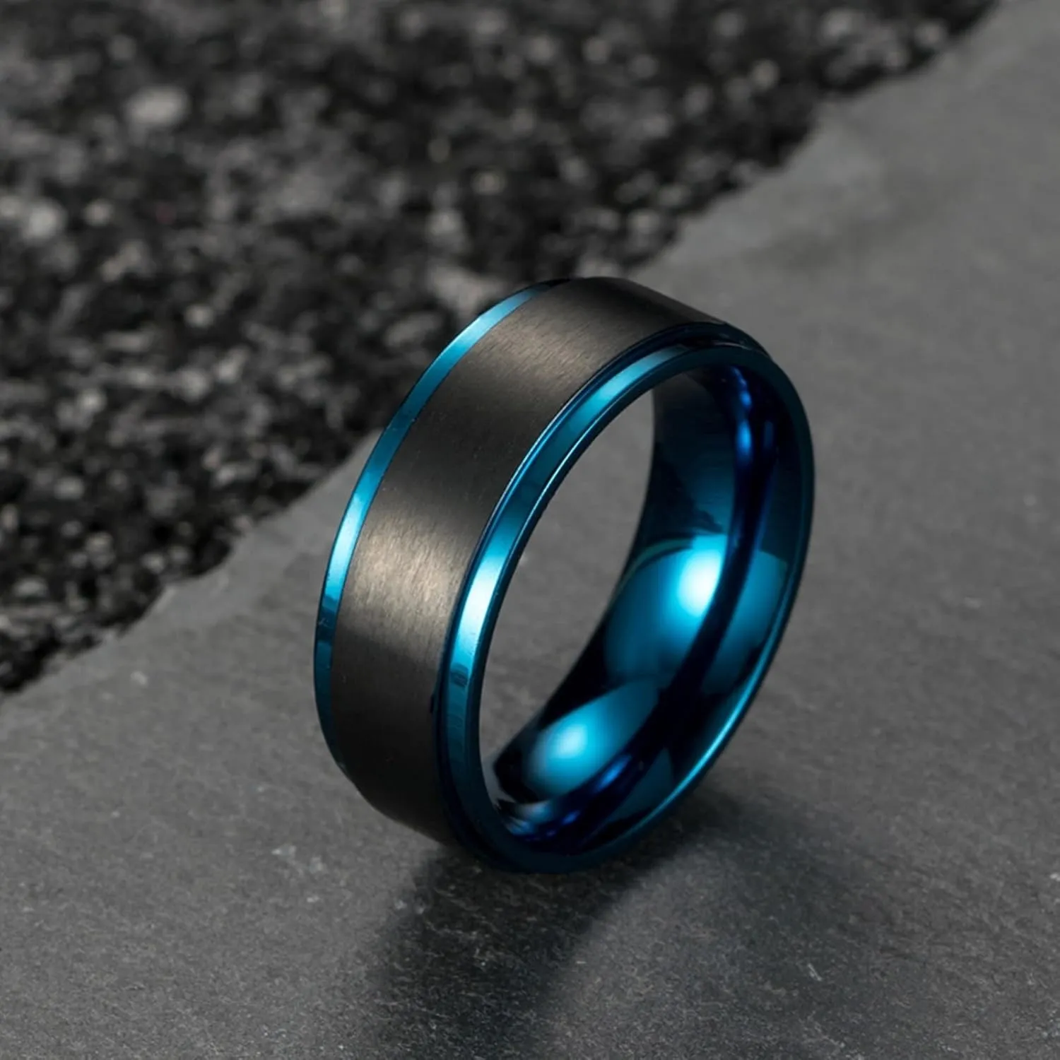Promise Ring Love, Men Rings Stainless Steel Fashion 2PCS Titanium Blue and Black Brushed Ring 8mm Wedding Bands for Couple Mother's Day Jewelry