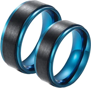 Promise Ring Love, Men Rings Stainless Steel Fashion 2PCS Titanium Blue and Black Brushed Ring 8mm Wedding Bands for Couple Mother's Day Jewelry