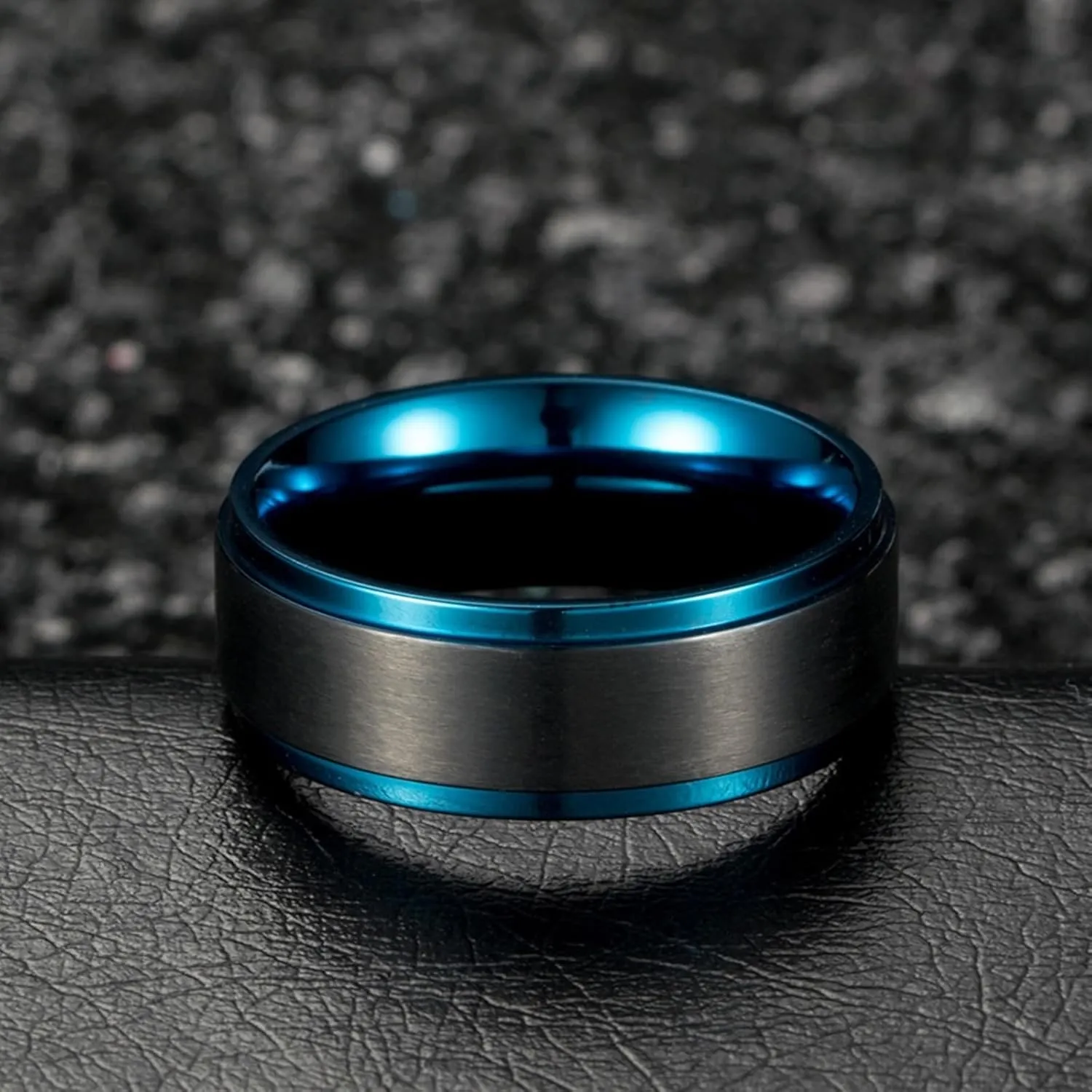 Promise Ring Love, Men Rings Stainless Steel Fashion 2PCS Titanium Blue and Black Brushed Ring 8mm Wedding Bands for Couple Mother's Day Jewelry