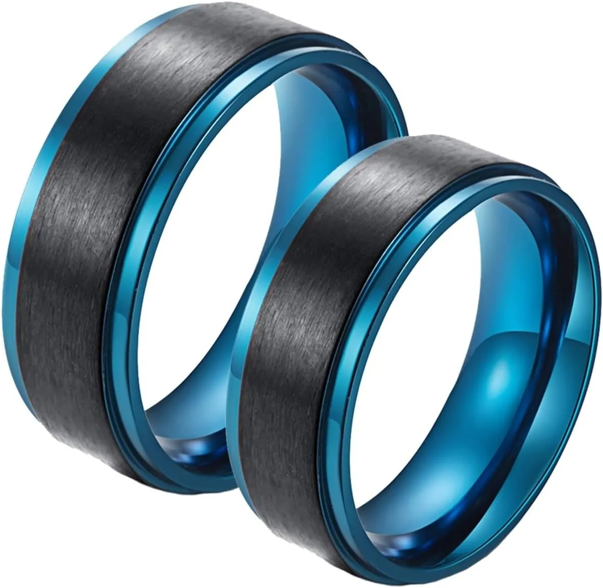 Promise Ring Love, Men Rings Stainless Steel Fashion 2PCS Titanium Blue and Black Brushed Ring 8mm Wedding Bands for Couple Mother's Day Jewelry