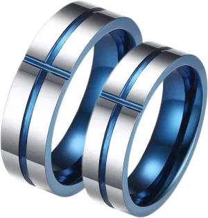 Promise Rings for Couples Set, Tungsten Wedding Rings for Men Silver Blue 6mm Black Brushed Ring Beveled Edge Rings for Men and Women