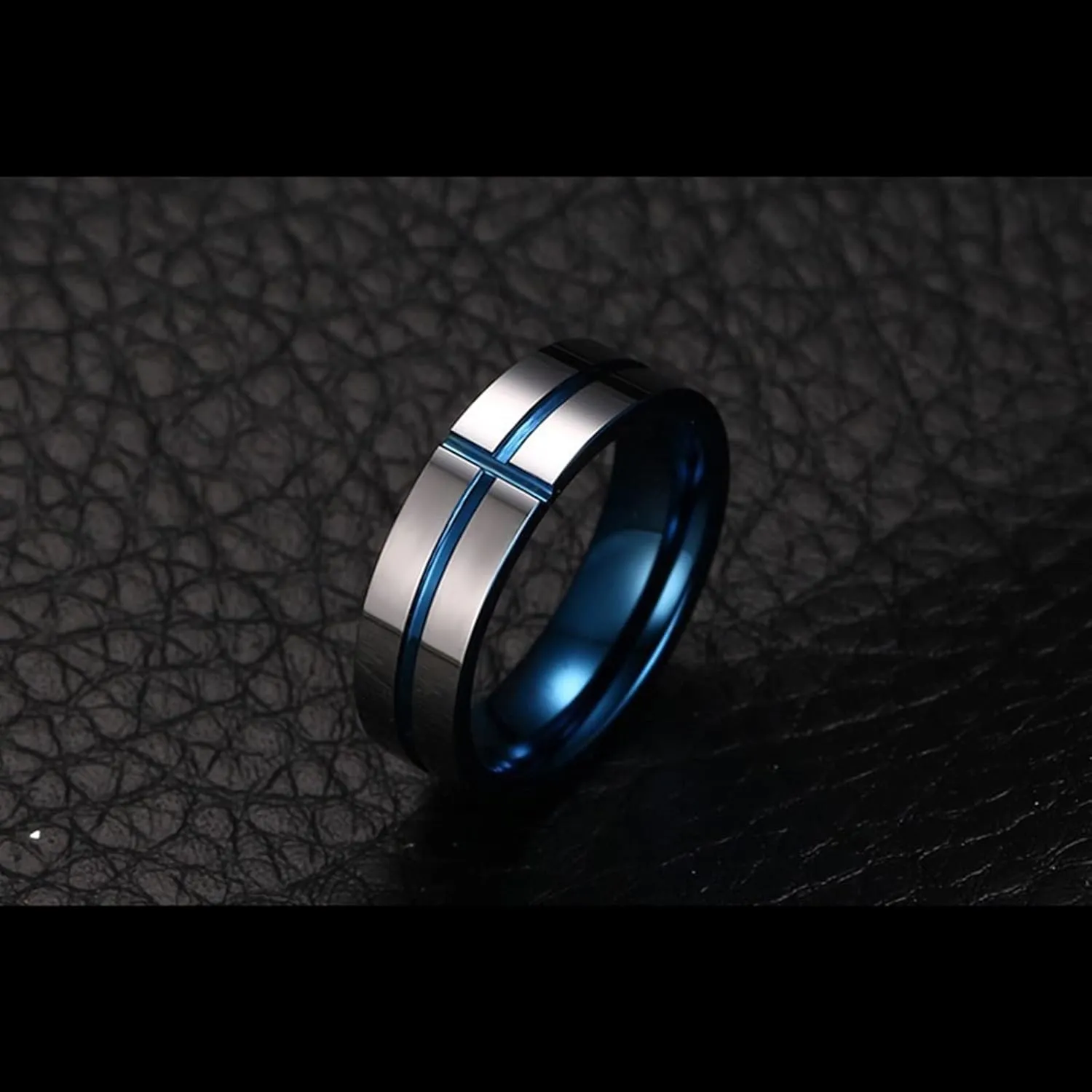 Promise Rings for Couples Set, Tungsten Wedding Rings for Men Silver Blue 6mm Black Brushed Ring Beveled Edge Rings for Men and Women