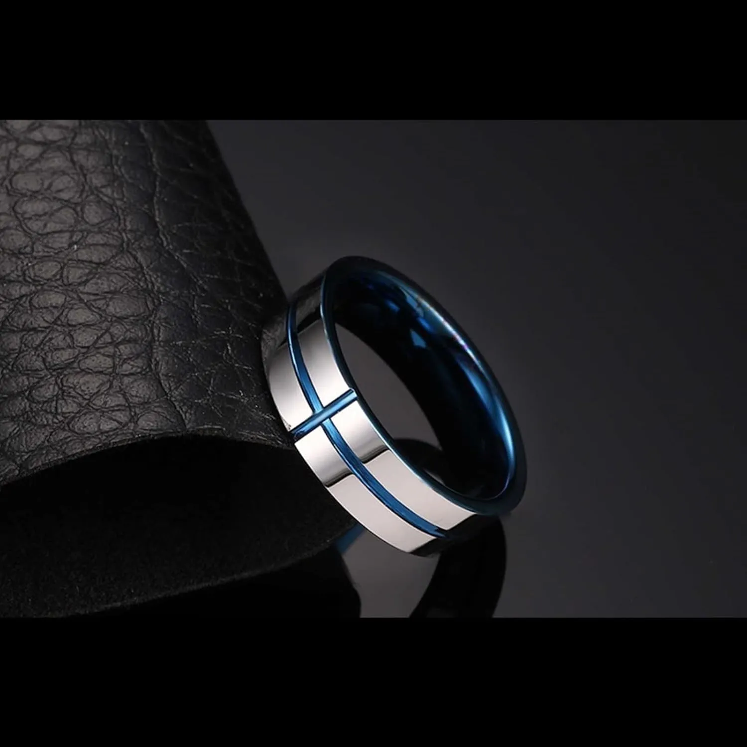 Promise Rings for Couples Set, Tungsten Wedding Rings for Men Silver Blue 6mm Black Brushed Ring Beveled Edge Rings for Men and Women