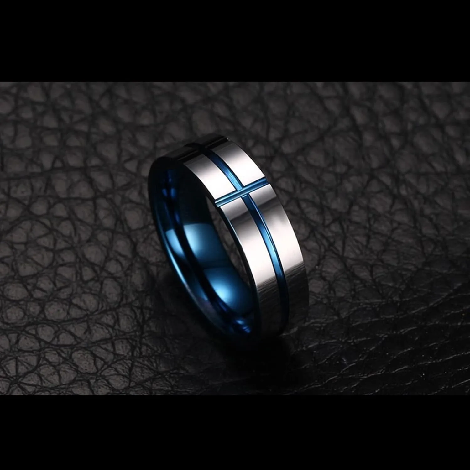 Promise Rings for Couples Set, Tungsten Wedding Rings for Men Silver Blue 6mm Black Brushed Ring Beveled Edge Rings for Men and Women